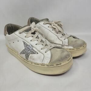 Golden Goose Hi Star Shoes Womens US8 EU38 White Leather Glitter Star Sneaker